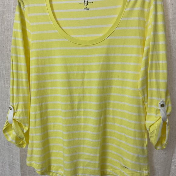 Tommy Hilfiger Women Size L Pullover Top Yellow White Striped 3/4 Sleeves Cotton - Picture 4 of 5